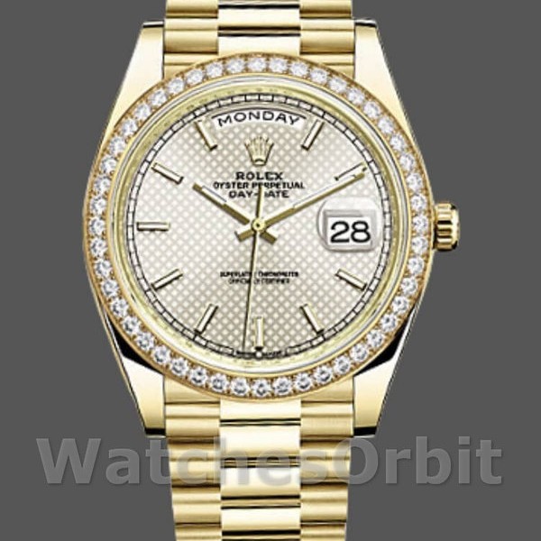 Mens Rolex Day-Date-228348RBR, 40mm, Silver Diagonal Motif Dial, Diamond Bezel, Men’s Silver Replica Watch Image