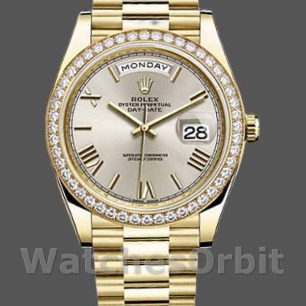 Mens Rolex Day‑Date-228348RBR, 40mm, Silver Roman Dial, Diamond Bezel, Men’s Silver Replica Watch Image