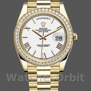 Men's Rolex Day-Date-228348RBR, 40mm, White Roman Dial, Diamond Bezel, Men’s White