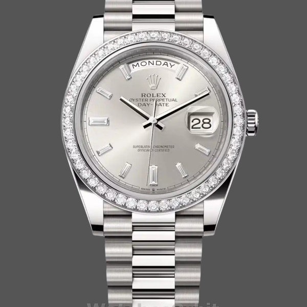Mens Rolex Day‑Date-228349RBR, 40mm, Silver Dial, Diamond Bezel, Men’s Silver Replica Watch Image