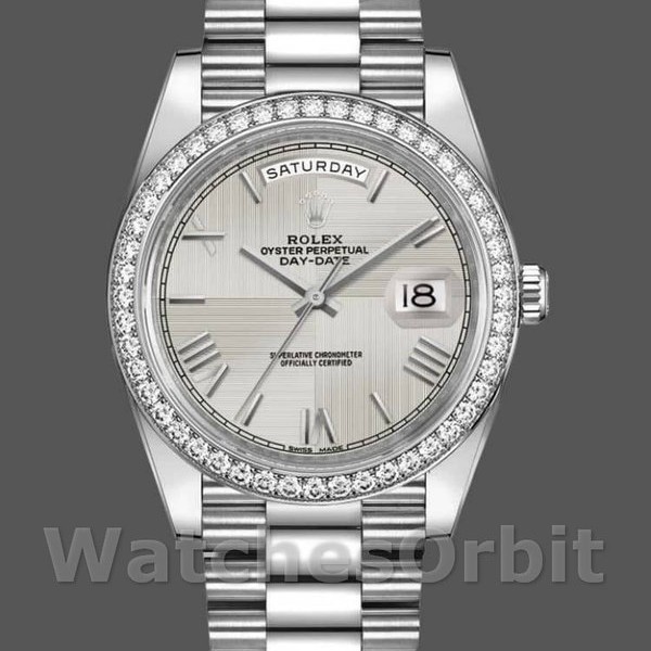 Mens Rolex Day-Date-228349RBR, 40mm, Silver Roman Dial, Diamond Bezel, Men’s Silver Replica Watch Image