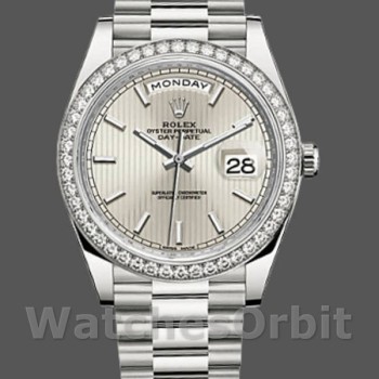 Men's Rolex Day‑Date-228349RBR, 40mm, Silver Stripe Motif Dial, Diamond Bezel, Men’s Silver