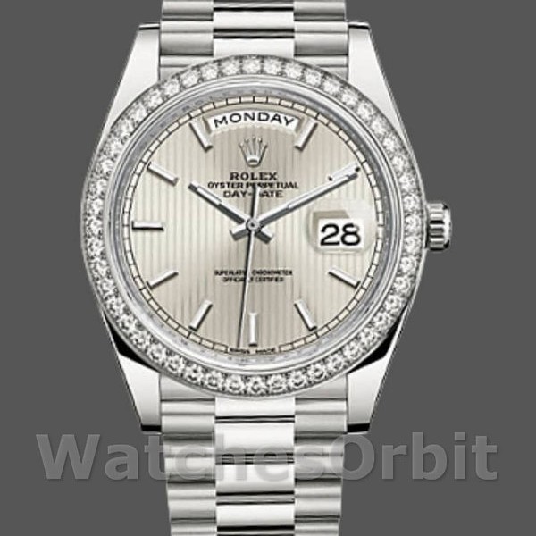 Mens Rolex Day‑Date-228349RBR, 40mm, Silver Stripe Motif Dial, Diamond Bezel, Men’s Silver Replica Watch Image