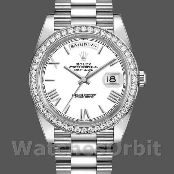 Mens Rolex Day-Date-228349RBR, 40mm, White Roman Dial, Diamond Bezel, Men’s White Replica Watch Image