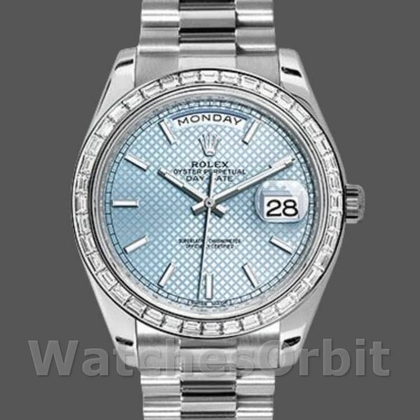 Mens Rolex Day-Date-228396TBR, 40mm, Ice Blue Diagonal Motif Dial, Diamond Bezel, Men’s Ice Blue Replica Watch Image