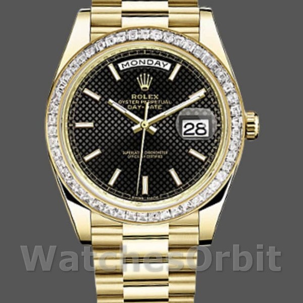 Mens Rolex Day-Date-228398TBR, 40mm, Black Diagonal Motif Dial, Diamond Bezel, Men’s Black Replica Watch Image