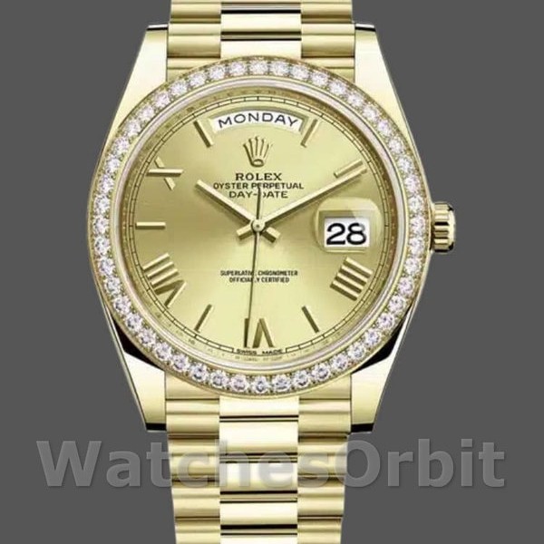 Mens Rolex Day-Date-228398TBR, 40mm, Champagne Roman Numeral Dial, Diamond Bezel, Men’s Champagne Replica Watch Image
