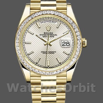 Men's Rolex Day-Date-228398TBR, 40mm, Silver Diagonal Motif Dial, Diamond Bezel, Men’s Silver