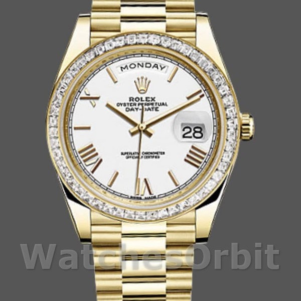 Mens Rolex Day-Date-228398TBR, 40mm, White Roman Numeral Dial, Diamond Bezel, Men’s White Replica Watch Image