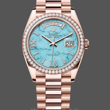 Women's Rolex Day‑Date 36-m128345rbr 0064, Rose Gold, Turquoise Diamond‑Set Roman Dial, Diamond Bezel Turquoise Dial