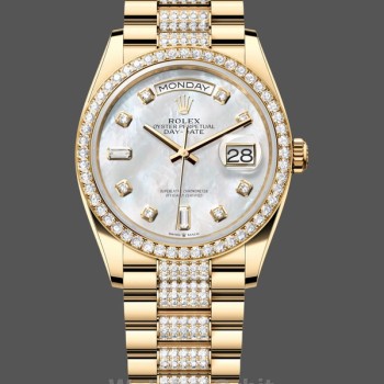 Women's Rolex Day-Date 36mm Yellow Gold Diamond Bezel MOP Dial - M128348RBR 0019 MOP Dial