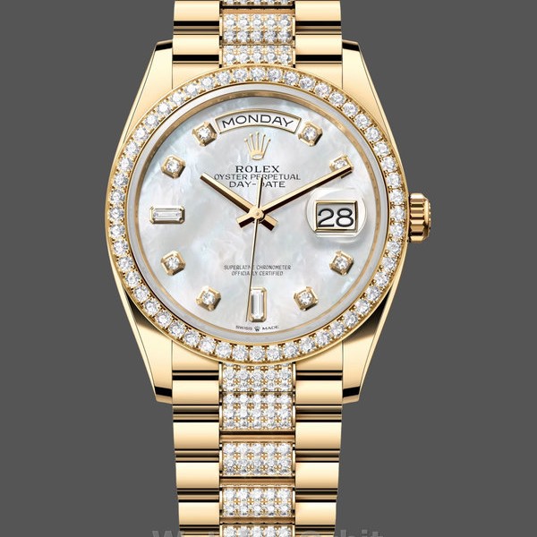 Womens Rolex Day-Date 36mm Yellow Gold Diamond Bezel MOP Dial - M128348RBR 0019 MOP Dial Replica Watch Image