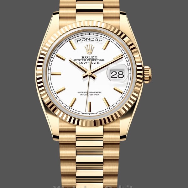Unisexs Rolex Day-Date 36mm Unisex-128238 0081-Fluted Bezel-White Index Dial White Replica Image