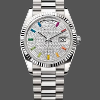 Unisex's Rolex Day Date 36-128239 0016, White Gold, Pave Rainbow Diamond Dial, Diamond Dial