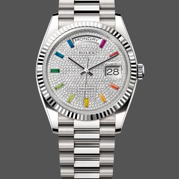 Unisexs Rolex Day Date 36-128239 0016, White Gold, Pave Rainbow Diamond Dial, Diamond Dial Replica Watch Image