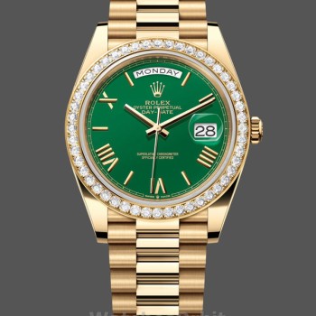 Men's Rolex Day Date 40-M228348RBR 0040, 18K Yellow Gold, Green Dial, Diamond Bezel, Men’s Green