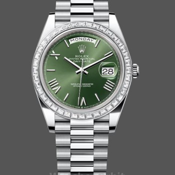 Men's Rolex Day Date 40-M228396TBR 0020, Platinum, Olive Green Dial, Diamond Bezel, Green