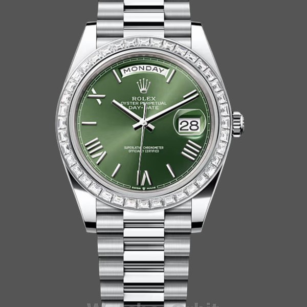 Mens Rolex Day Date 40-M228396TBR 0020, Platinum, Olive Green Dial, Diamond Bezel, Green Replica Watch Image