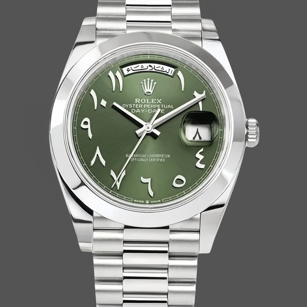 Mens Rolex Day‑Date 40-228206, Arabic, Platinum, Olive Dial, Green Dial Replica Watch Image