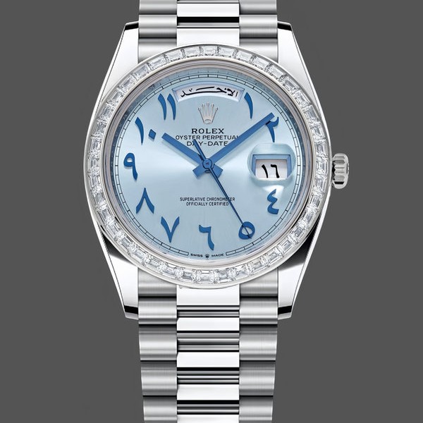 Mens Rolex Day-Date Platinum Ice Blue Arabic Dial Diamond Bezel 228396TBR 40MM Ice Blue Dial Replica Watch Image