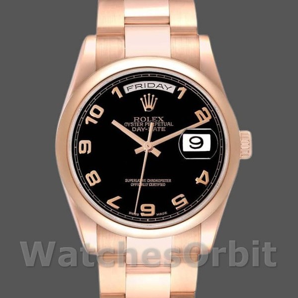 Unisexs Rolex President Day-Date 36mm Unisex-118205-Rose Gold-Black Dial Black Replica Image