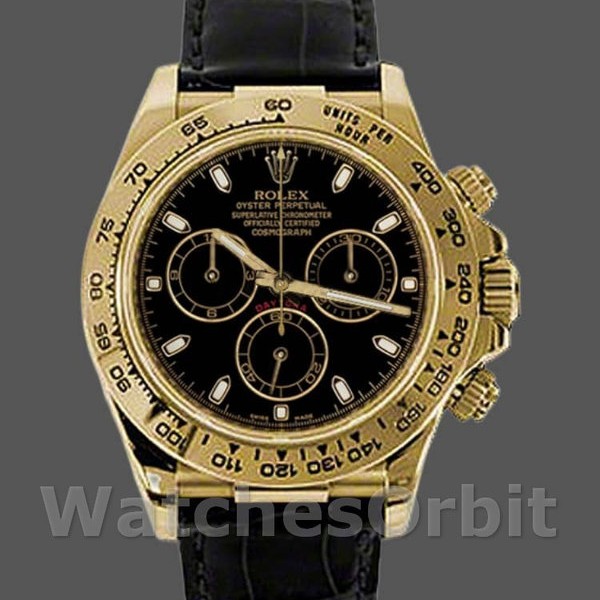 Mens Rolex Cosmograph Daytona 40mm Mens-116518-Black Leather Strap Black Replica Image