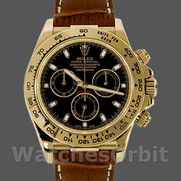 Mens Rolex Cosmograph Daytona 40mm Mens-116518-Brown Leather Strap Black Replica Image