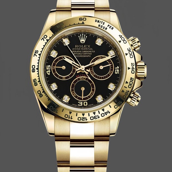 Mens Rolex Daytona-116508, 40mm, Yellow Gold, Black Diamond Dial, Men’s Black Replica Watch Image