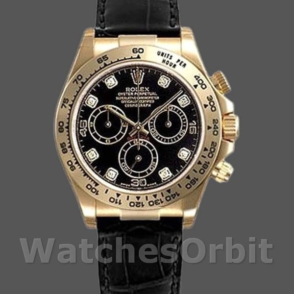 Mens Rolex Daytona 40mm Mens-116518-Black Diamond Dial-Black Leather Strap Black<br /> Replica Image