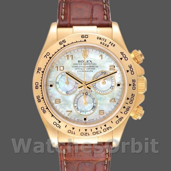 Mens Rolex Daytona 40mm Mens-116518-Yellow Gold-MOP Dial-Brown Strap MOP Replica Image