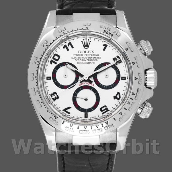 Mens Rolex Daytona 40mm Mens-116519-Black Alligator Leather Strap-White Dial White Replica Image