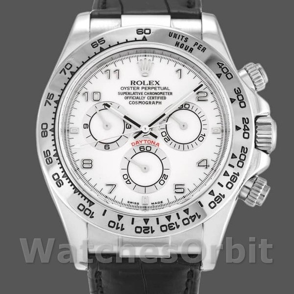 Mens Rolex Daytona 40mm Mens-116519-White Arabic Dial-Black Leather Strap White Arabic Replica Image