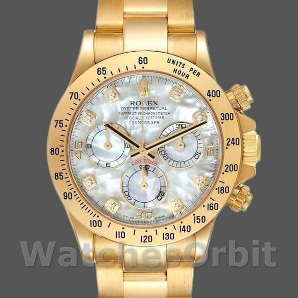 Mens Rolex Daytona 40mm Mens-116528-Yellow Gold-MOP-Diamond Dial MOP Replica Image