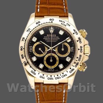 Men's Rolex Daytona 40mm Men's-16518-Black Diamond Dial-Leather Strap Black