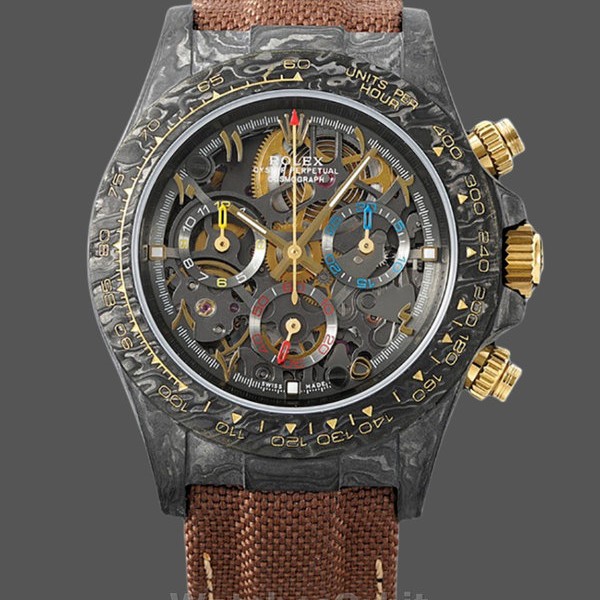 Mens Rolex Daytona Cosmograph DIW Carbon Case Skeleton Dial Brown Strap Skeleton Replica Watch Image