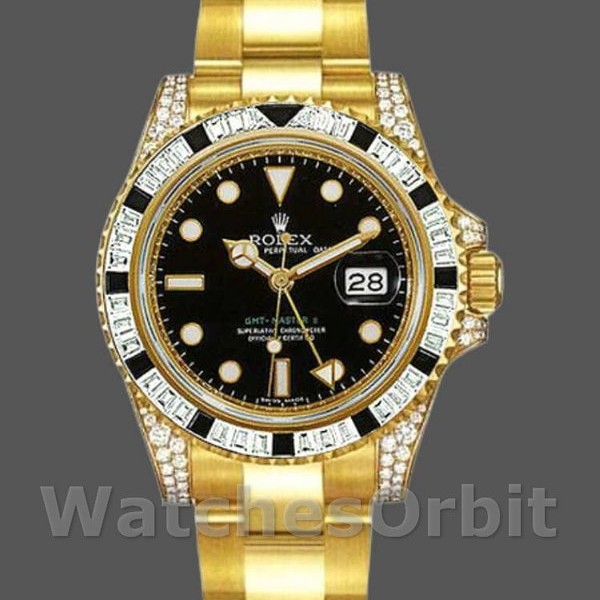 Mens Rolex GMT-Master II 40mm Mens-116758-Yellow Gold-Black Dial-Diamonds Black Replica Image