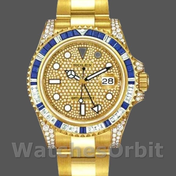 Mens Rolex GMT‑Master II-116758, 40mm, Yellow Gold, Pave Dial, Men’s Pave Replica Watch Image