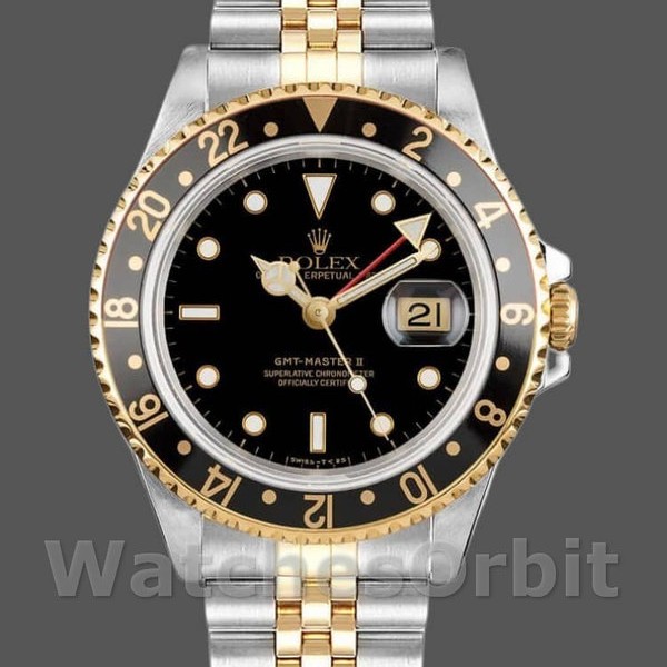 Mens Rolex GMT-Master II 40mm Mens-16713LN-Oystersteel & Yellow Gold-Black Dial Black Replica Image