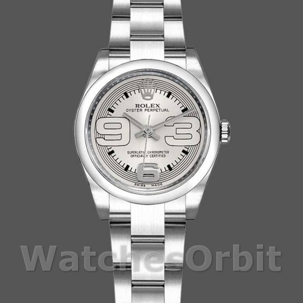 Womens Rolex Oyster Perpetual 26mm Womens-176200-Silver Arabic Dial-Oyster Bracelet Silver Replica Watch Image