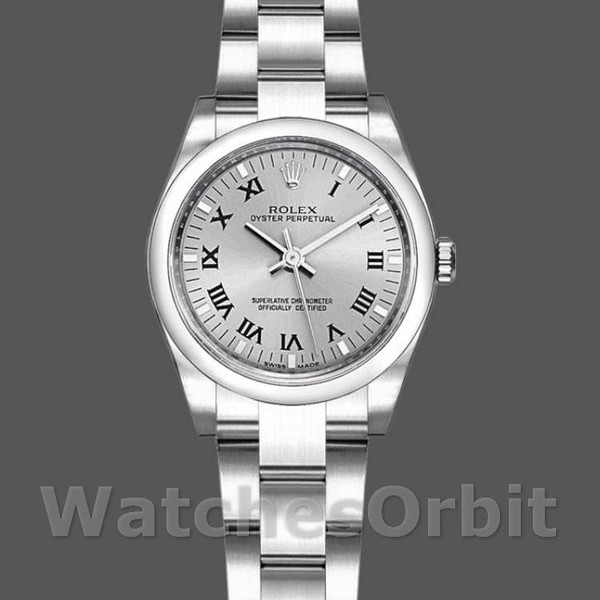 Womens Rolex Oyster Perpetual 26mm Womens-176200-Silver Roman Numeral Dial Silver Replica Watch Image