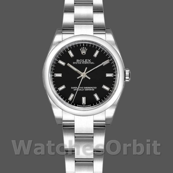 Womens Rolex Oyster Perpetual 26mm Womens-176200-Stainless Steel-Black Index Dial Black Replica Watch Image