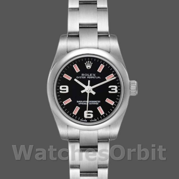 Womens Rolex Oyster Perpetual 26mm Womens-176200-Stainless Steel-Black Dial Black Replica Watch Image