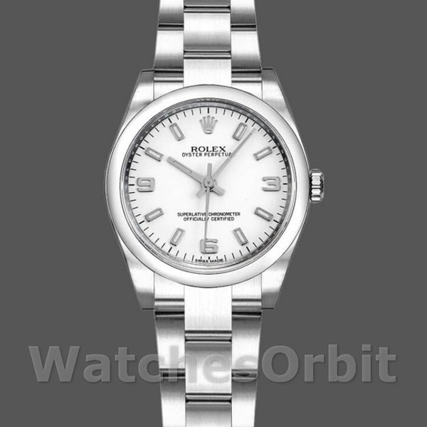 Womens Rolex Oyster Perpetual 26mm Womens-176200-Stainless Steel-White Dial White Replica Watch Image