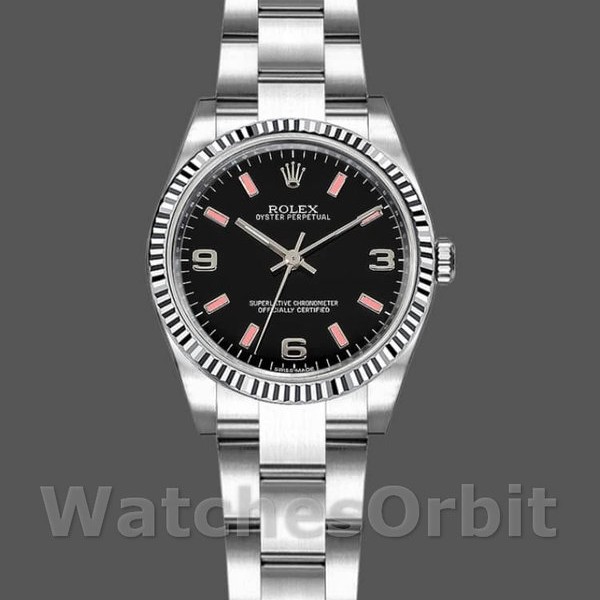 Womens Rolex Oyster Perpetual 26mm Womens-176234-Black Dial-Fluted Bezel Black Replica Watch Image
