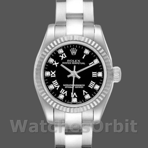 Womens Rolex Oyster Perpetual 26mm Womens-176234-Black Roman & Diamond Dial Black Replica Watch Image