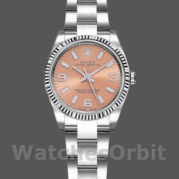 Womens Rolex Oyster Perpetual 26mm Womens-176234-Fluted Bezel-Pink Dial Pink Replica Image