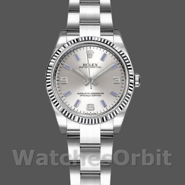 Womens Rolex Oyster Perpetual 26mm Womens-176234-Silver Dial-Blue Baton Silver Replica Image