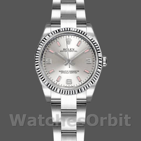 Womens Rolex Oyster Perpetual 26mm Womens-176234-Silver Dial-Pink Baton Silver Replica Watch Image