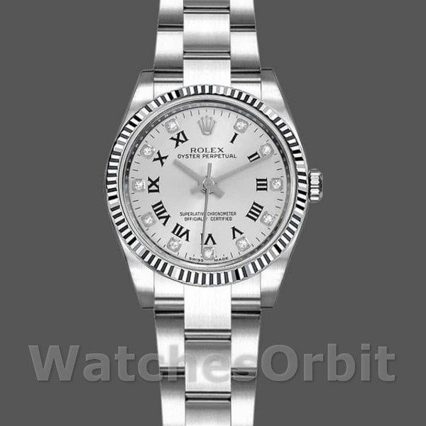 Womens Rolex Oyster Perpetual 26mm Womens-176234-Silver Roman Diamond Dial Silver Replica Watch Image