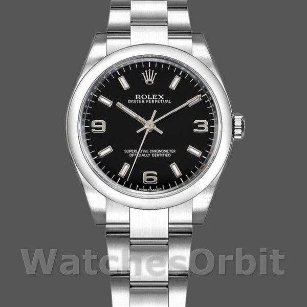 Womens Rolex Oyster Perpetual 31mm Womens-177200-Black Arabic Dial-Domed Bezel Black Replica Image